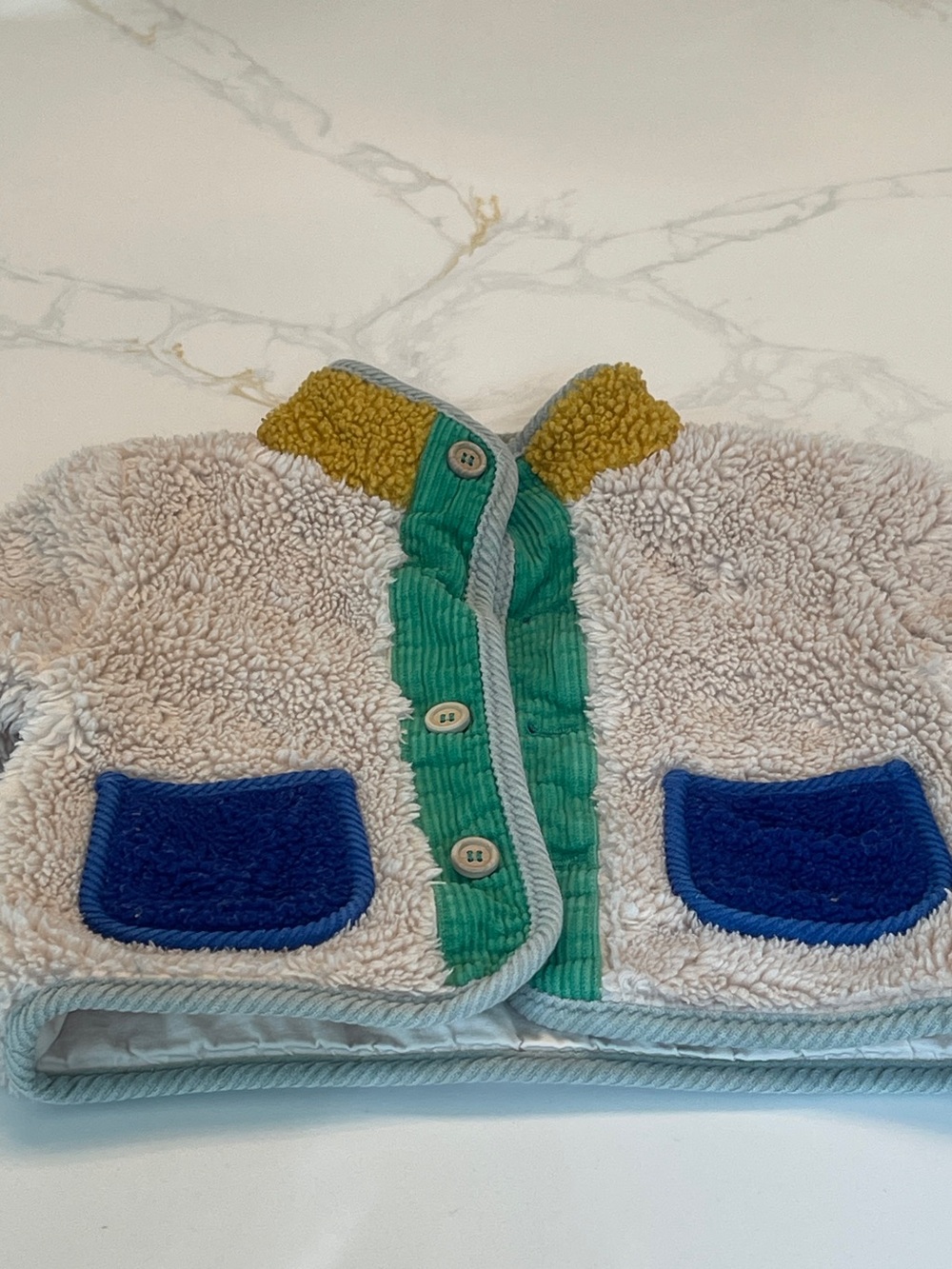 Bobo Choses Cream Sherpa Jacket with Blue Pockets & Green Trim